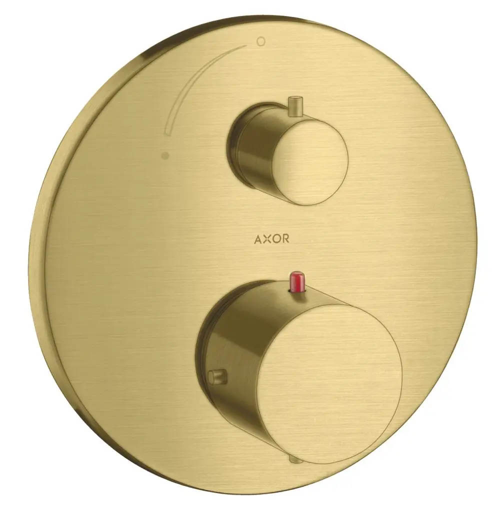 Thermostat-Einheit in gebürstetem Messing mit zwei Regelknöpfen und einer roten Anzeige, mit dem Logo der Marke AXOR, montiert auf einer runden Plattierung.
